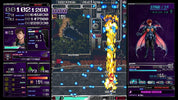 A screenshot of a retro 2D video game interface showing a vertical laser beam attack against a dark sci-fi background, with UI panels on the left and right displaying character stats and a character portrait.