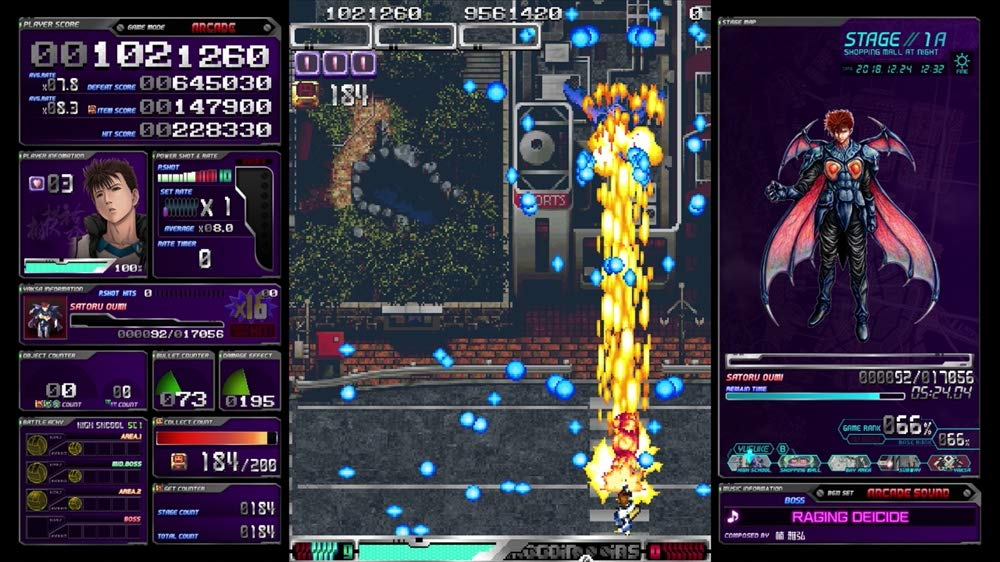 A screenshot of a retro 2D video game interface showing a vertical laser beam attack against a dark sci-fi background, with UI panels on the left and right displaying character stats and a character portrait.