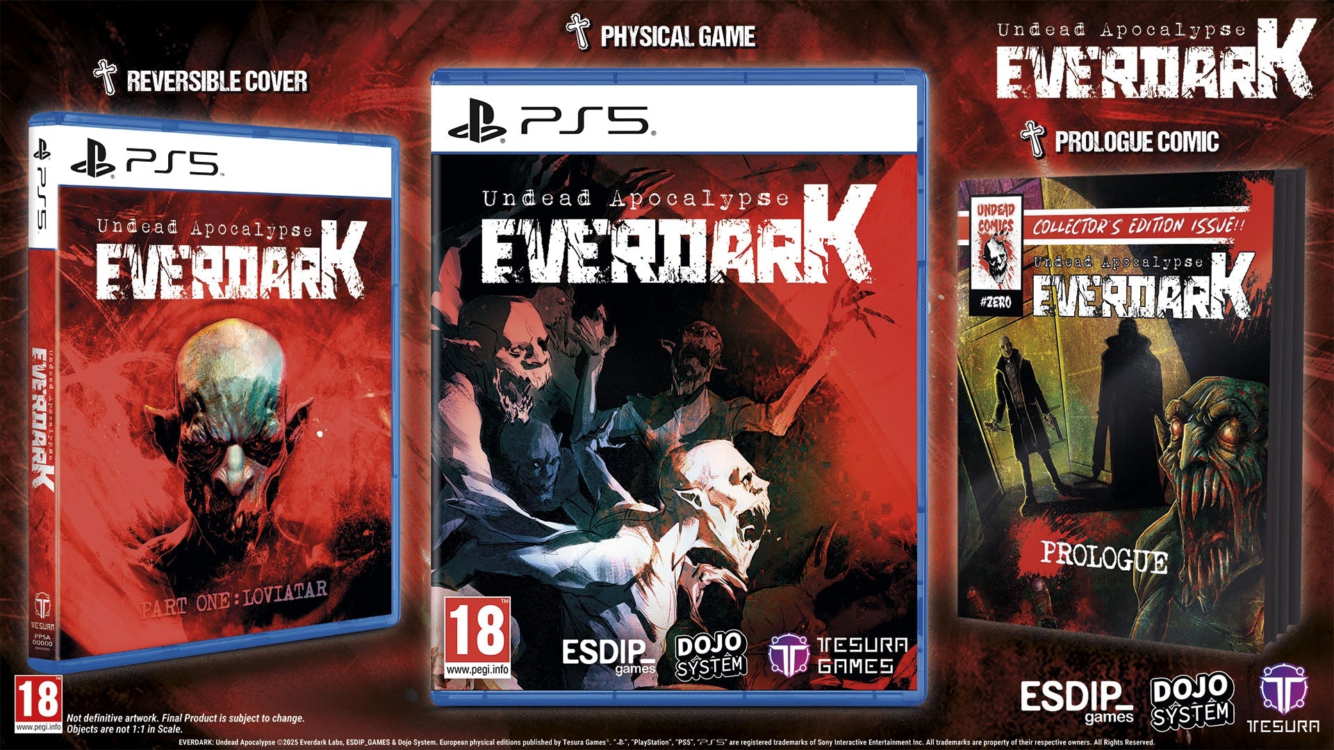 Packaging of 'Everdark' game for PS5 with comic book and physical game cover.