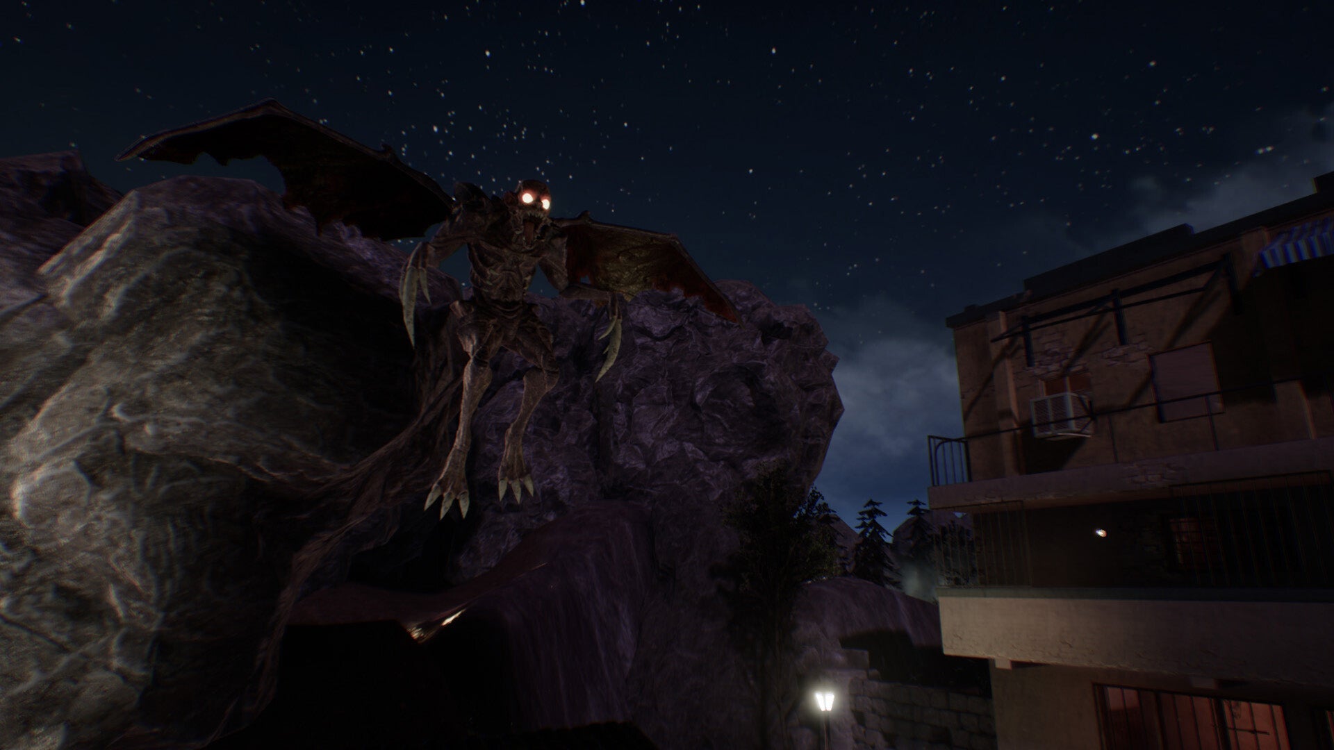 Dragon perched on a rock with a town in the background under a starry night sky