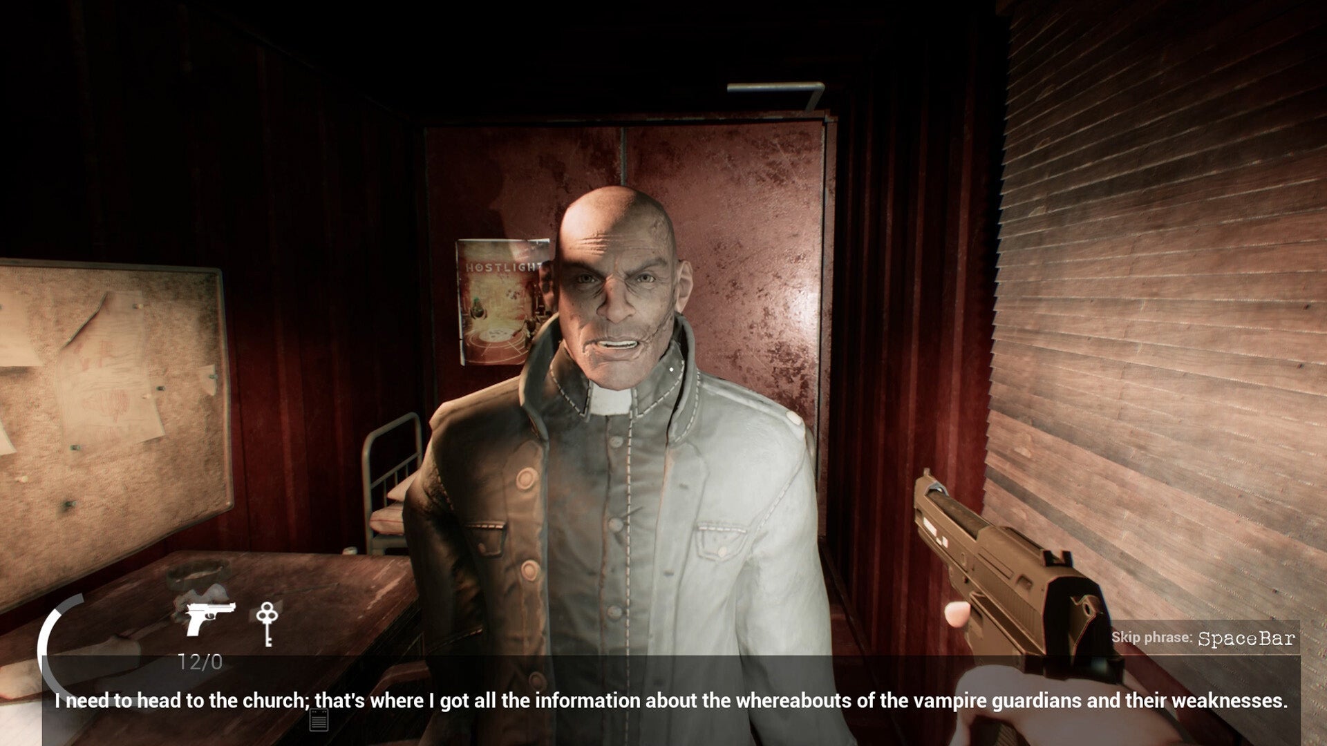 Character in a video game with a gun and text overlay in a dimly lit room.