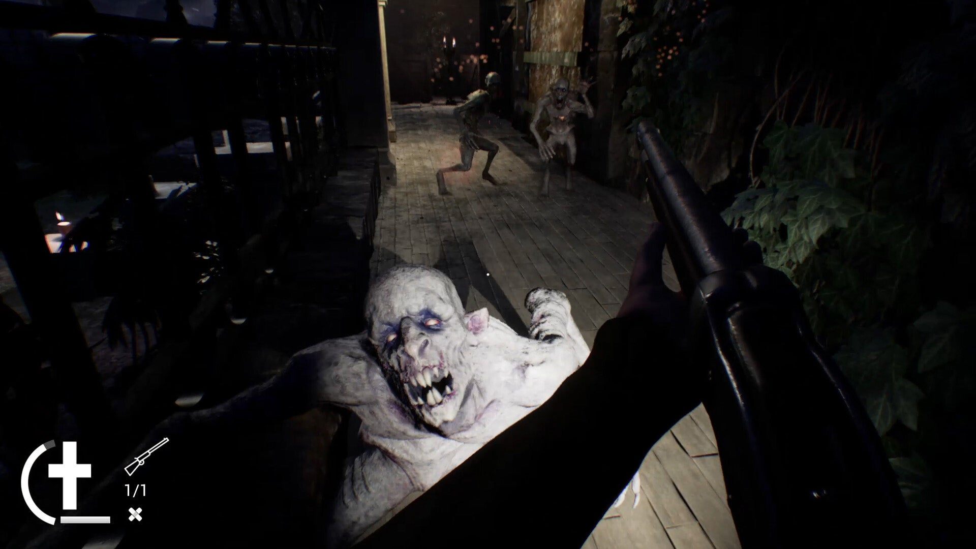 Horror scene with a creature and a gun in a dark alleyway
