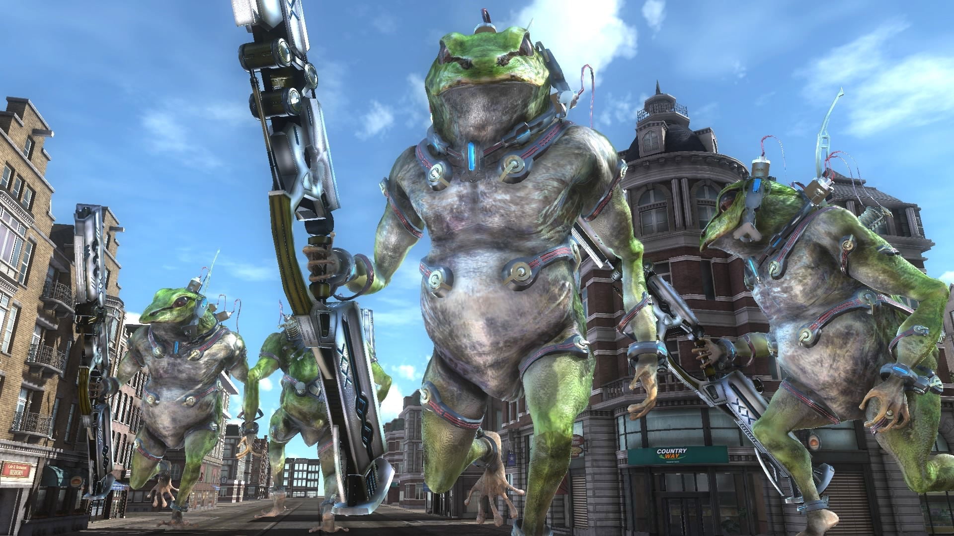 Alien-like creatures with weapons in a cityscape