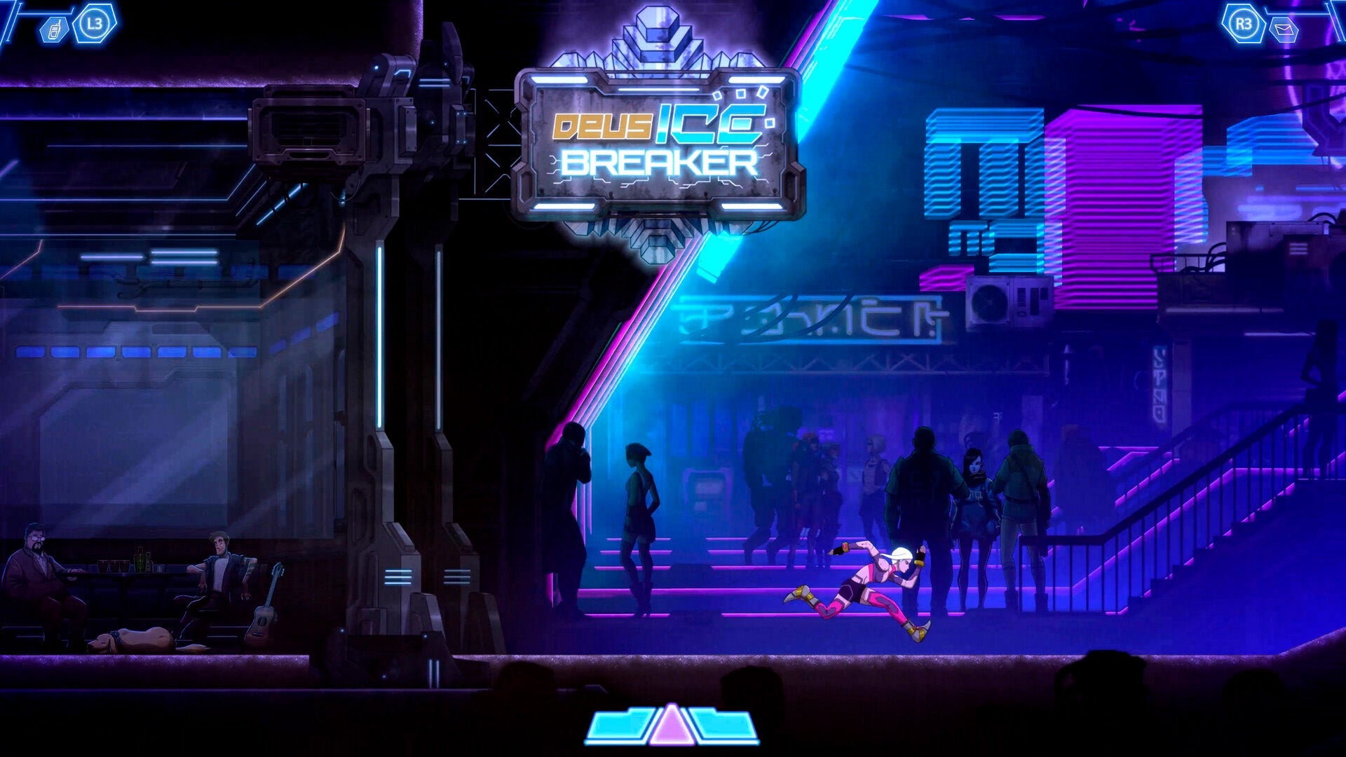 Video game scene with a character running on a platform, surrounded by futuristic architecture and neon lights.