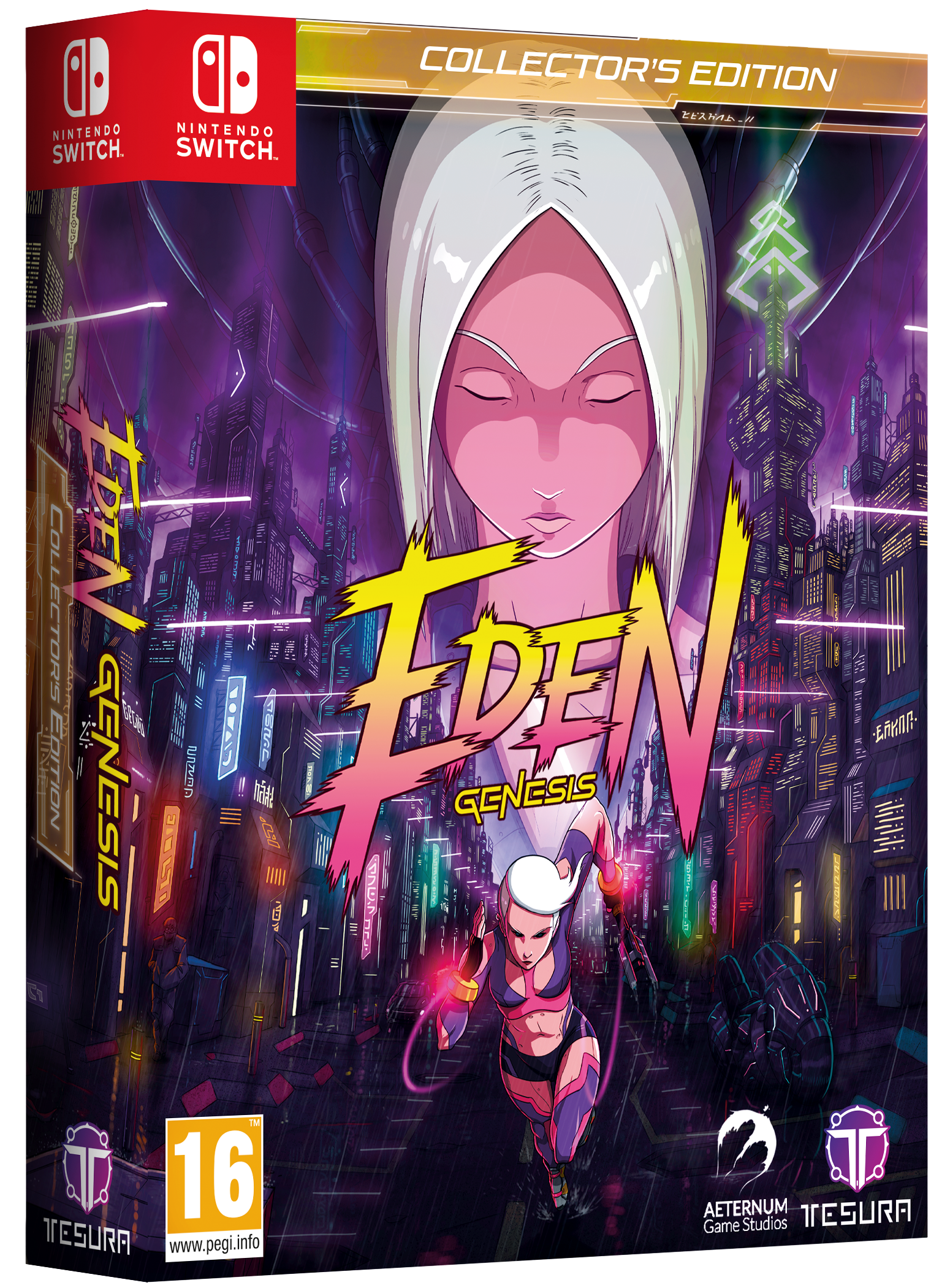Eden Genesis Collector's Edition packaging for Nintendo Switch with stylized cityscape and character design.