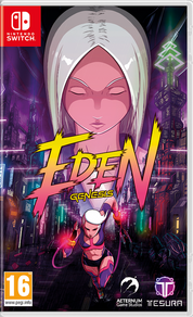 Eden Genesis game cover for Nintendo Switch with stylized character and cityscape background.