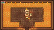 Pixel art scene showing a character standing in a stone chamber with torches, surrounded by a large orange-brown portal or frame structure.