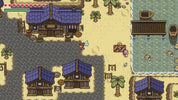 Pixel art scene showing a top-down view of a fantasy island village with blue-roofed houses, sandy ground, water, palm trees, and small characters near market stalls.