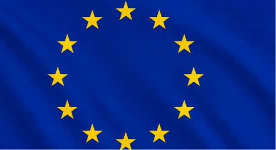 The European Union flag with its characteristic blue field and circle of twelve yellow stars, shown with soft fabric ripples.