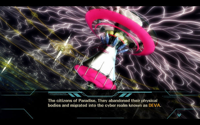 A stylized sci-fi scene showing a futuristic white and pink tower-like structure surrounded by glowing electric energy lines on a dark background, with a text banner at the bottom reading about Paradise and the cyber realm DEVA.