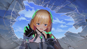 Anime-style illustration of a blonde female character with green accents and a black-and-white outfit, standing behind a shattered glass window with a blue sky visible in the center.