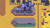 Pixel art style screenshot of a sci-fi vehicle or structure on a platform in a desert-like game scene, with a small character standing in front and an inventory bar at the bottom.