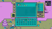 Pixel art interface screenshot showing a game inventory or parts menu with teal panels, icons, and a decorative pink-and-green landscape background.