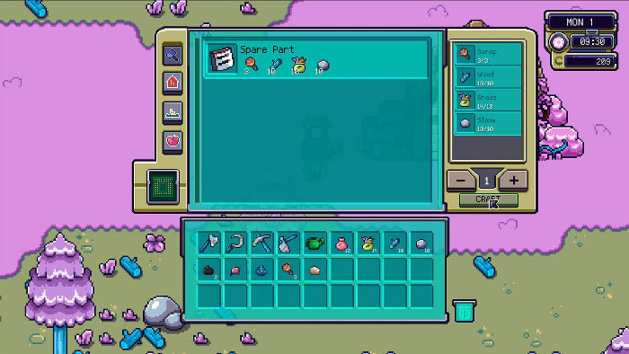 Pixel art interface screenshot showing a game inventory or parts menu with teal panels, icons, and a decorative pink-and-green landscape background.