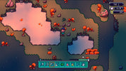 Pixel art screenshot from a top-down RPG game showing a small character standing in a fantasy landscape with pink lakes, orange trees, rocks, and a inventory bar at the bottom.