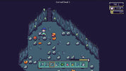 Pixel art screenshot from a top-down RPG game showing a character standing in a cave with rocks, ores, and an inventory bar at the bottom. UI elements in the top right show day, time, and level.