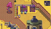 Pixel art game scene showing two small characters standing in a fenced area with purple plant-like items, beside a pink tree, sandy terrain, and a building in the foreground.
