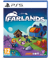 PS5 game case for Farlands, featuring colorful cartoon artwork with a blue spaceship, small house, characters, and a purple sky. Visible brands include PlayStation 5 at the top and JANDUSOFT and TESURA at the bottom.