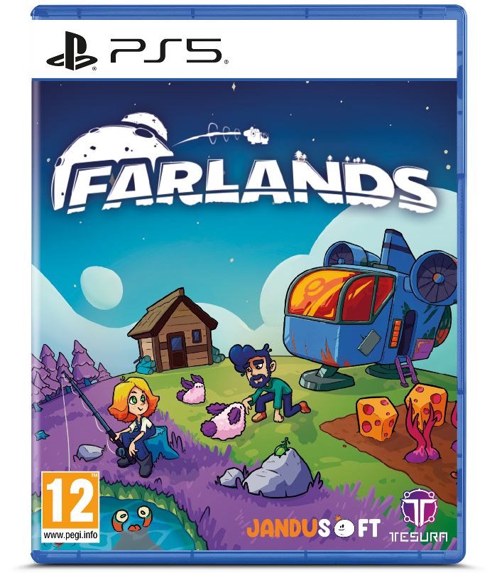 PS5 game case for Farlands, featuring colorful cartoon artwork with a blue spaceship, small house, characters, and a purple sky. Visible brands include PlayStation 5 at the top and JANDUSOFT and TESURA at the bottom.