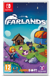 Nintendo Switch game case for Farlands, featuring colorful cartoon cover art with a starry night sky, a small cabin, two characters, and a blue vehicle. Visible branding includes Nintendo Switch, PEGI 12, Jandusoft, and Tesura.