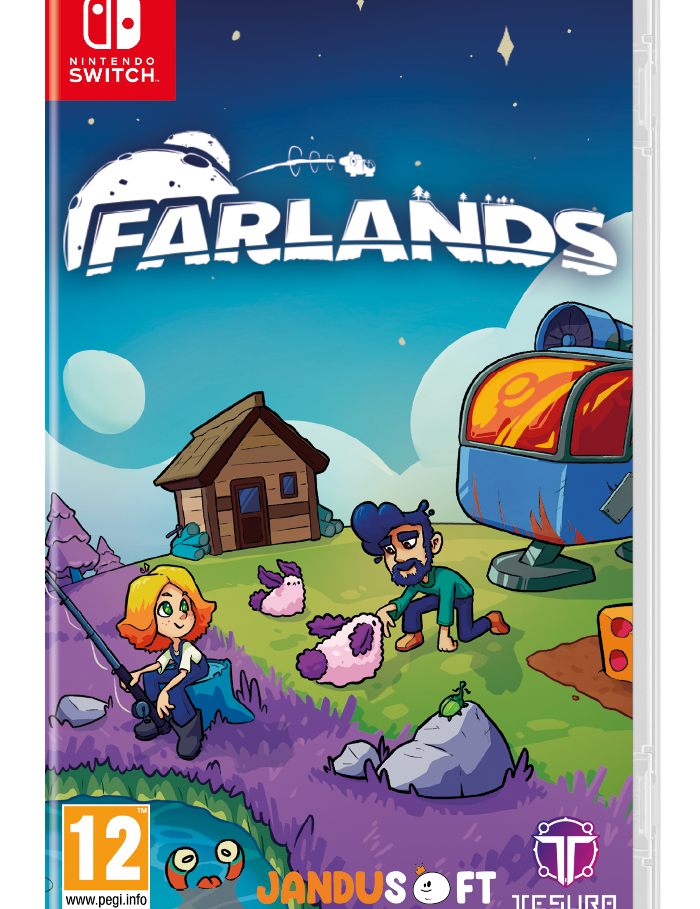 Nintendo Switch game case for Farlands, featuring colorful cartoon cover art with a starry night sky, a small cabin, two characters, and a blue vehicle. Visible branding includes Nintendo Switch, PEGI 12, Jandusoft, and Tesura.