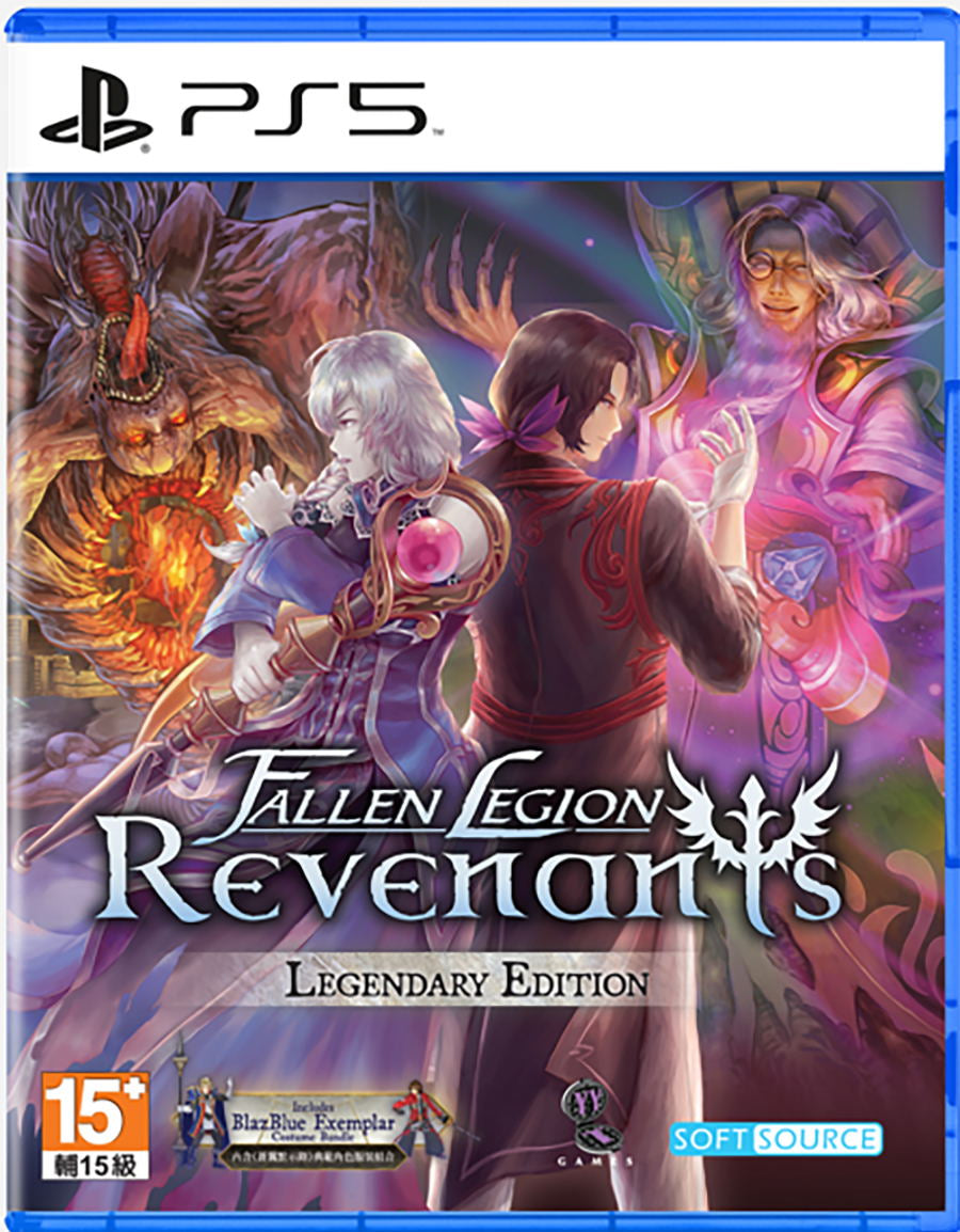 PS5 game cover for Fallen Legion Revenants Legendary Edition, featuring fantasy artwork with multiple characters and monsters, plus PS5 and Soft Source branding.