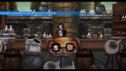 A screenshot from a stylized video game scene showing a character standing behind a counter in an alchemy lab, with potion bottles, cauldrons, barrels, and a blue text banner at the top reading, 'Create a potion to aid Rowena in battle.'.