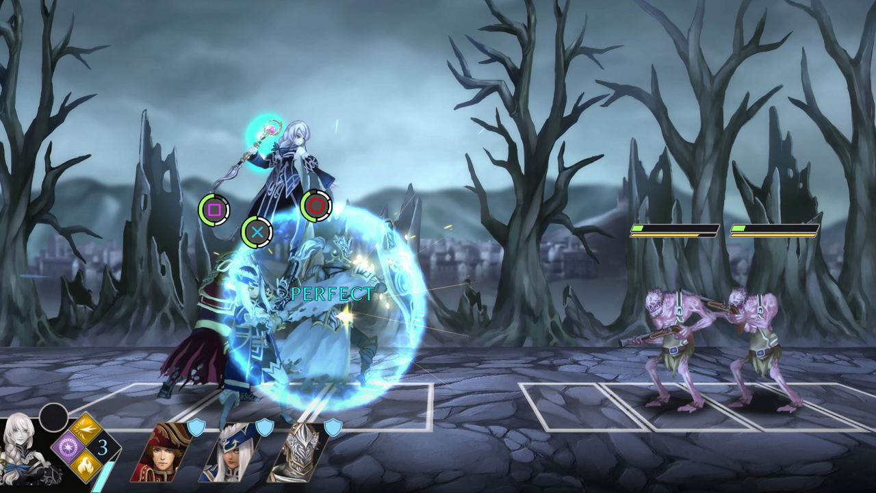 A dark fantasy battle scene with a glowing blue character standing in a circular spell effect, facing two pink creatures in a barren, tree-filled landscape. Game-style UI elements and character portraits are visible along the bottom and right edges.