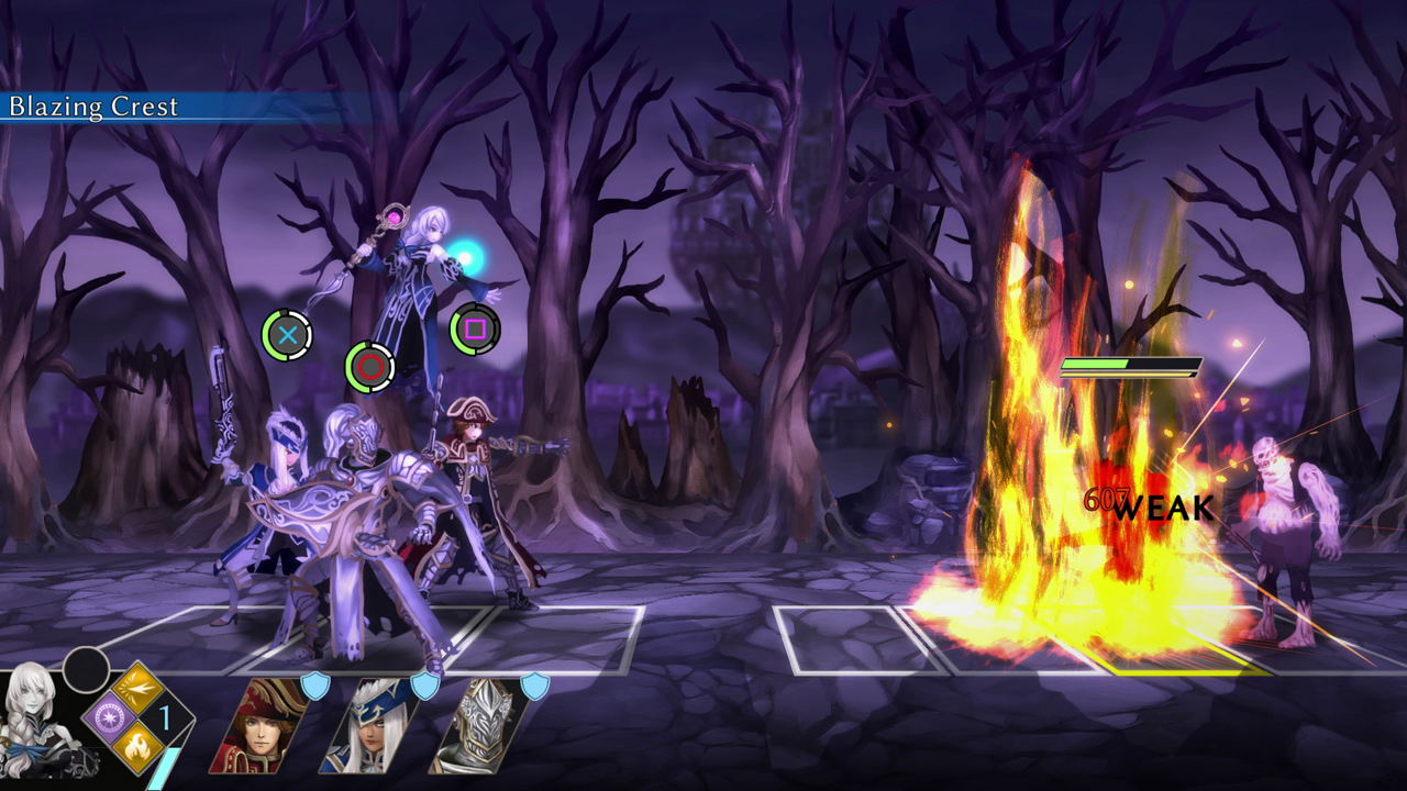 A digital game battle scene set in a dark, barren forest at night. Several fantasy characters stand on the left, while a group of enemies is engulfed in a large flame effect on the right.