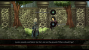 A screenshot from a video game or anime-style RPG scene showing a character standing in a stone garden courtyard with trees and bushes. Two circular buttons are overlaid near the center, and a text bar at the bottom reads, 'Lucien sounds confident, but he's not on the ground.