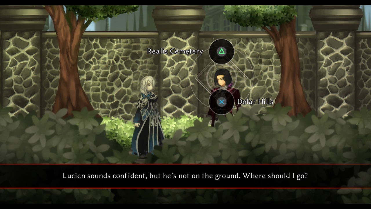 A screenshot from a video game or anime-style RPG scene showing a character standing in a stone garden courtyard with trees and bushes. Two circular buttons are overlaid near the center, and a text bar at the bottom reads, 'Lucien sounds confident, but he's not on the ground.