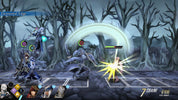 A screenshot from a dark fantasy battle game showing multiple characters in a forest with bare trees, a glowing white arc, and a bright yellow burst effect. UI elements, character portraits, health bars, and chain counters are visible at the bottom and left.