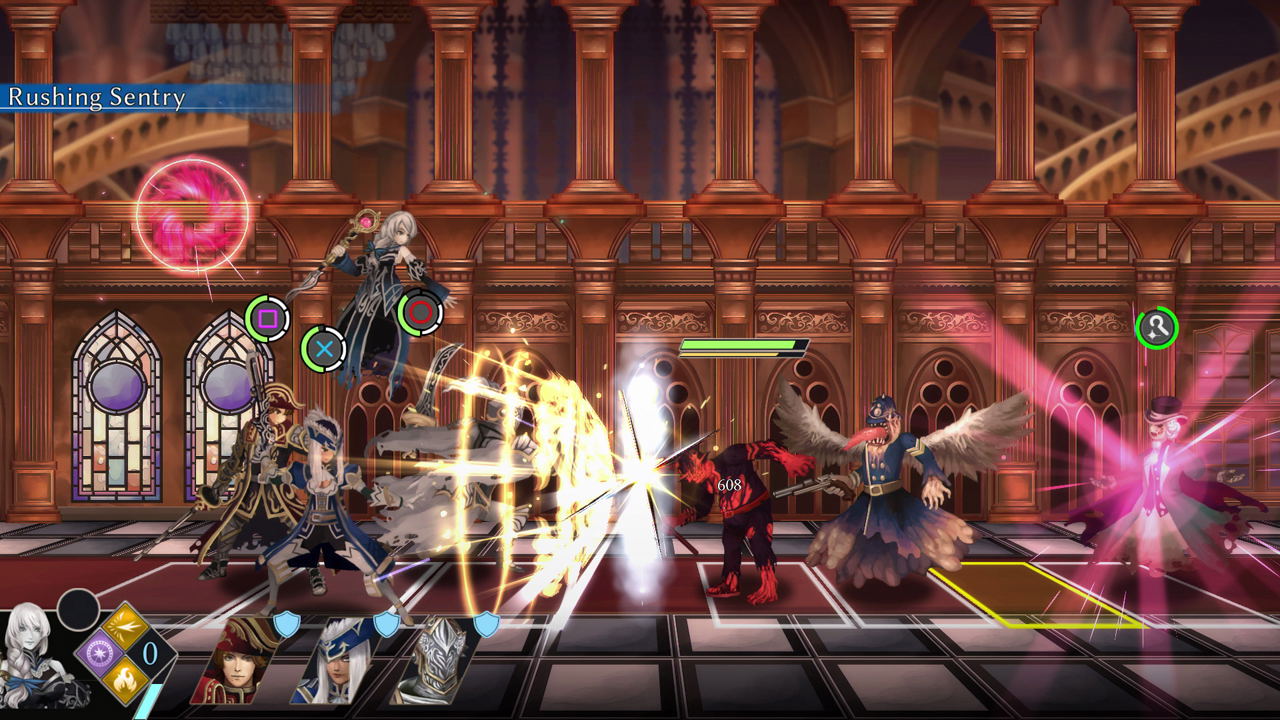 Action-packed scene from a video game with characters in a grand hall.