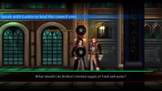 A screenshot from a video game showing two female characters standing in an ornate interior hall with dialogue text at the top and bottom. The scene appears to be from a role-playing or strategy game, with UI buttons and labels such as 'Support Reginald' and 'Support Opal.