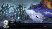 Game screen with characters and a large creature in a dark forest setting