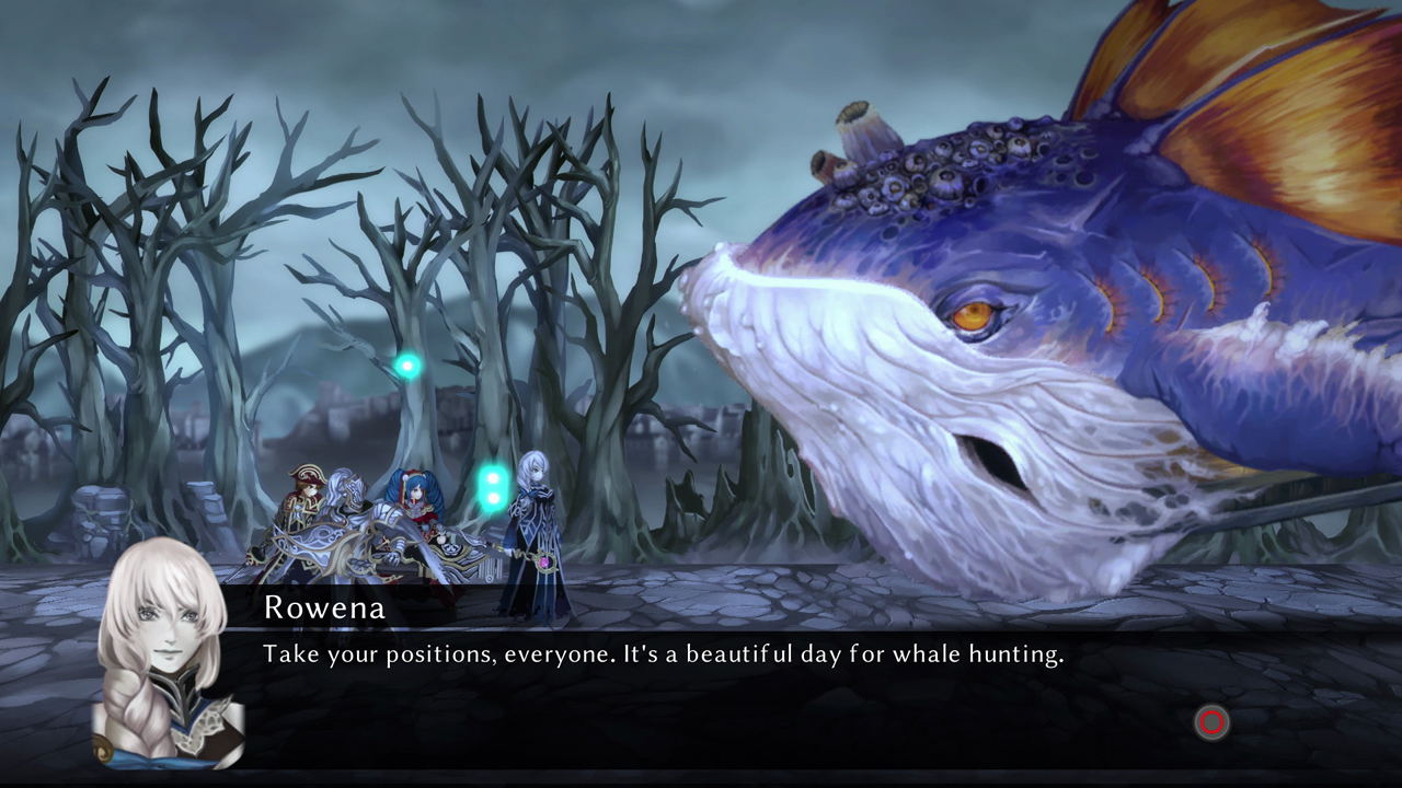 Game screen with characters and a large creature in a dark forest setting
