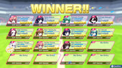 Winner screen with character avatars and levels on a green background