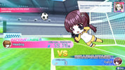 Soccer game interface with anime-style character and game stats on a green field.