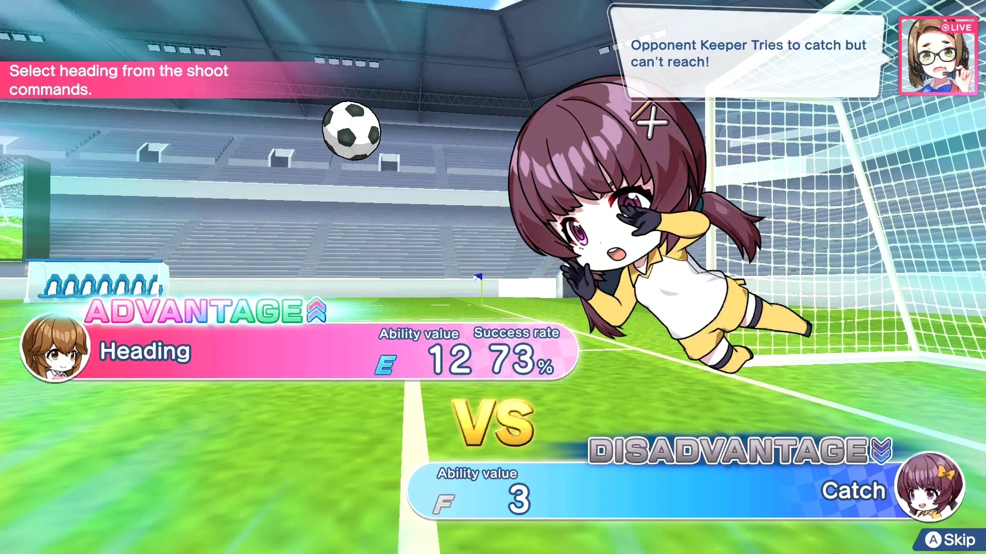 Soccer game interface with anime-style character and game stats on a green field.