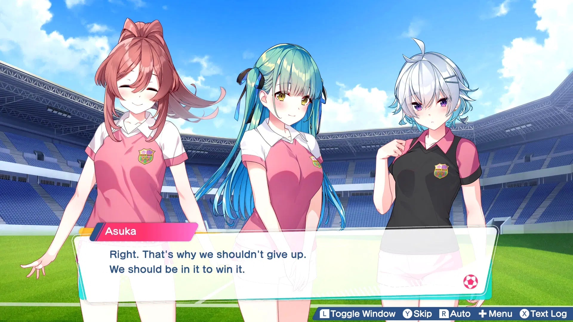 Three animated characters in sports uniforms standing on a stadium field with text overlay.