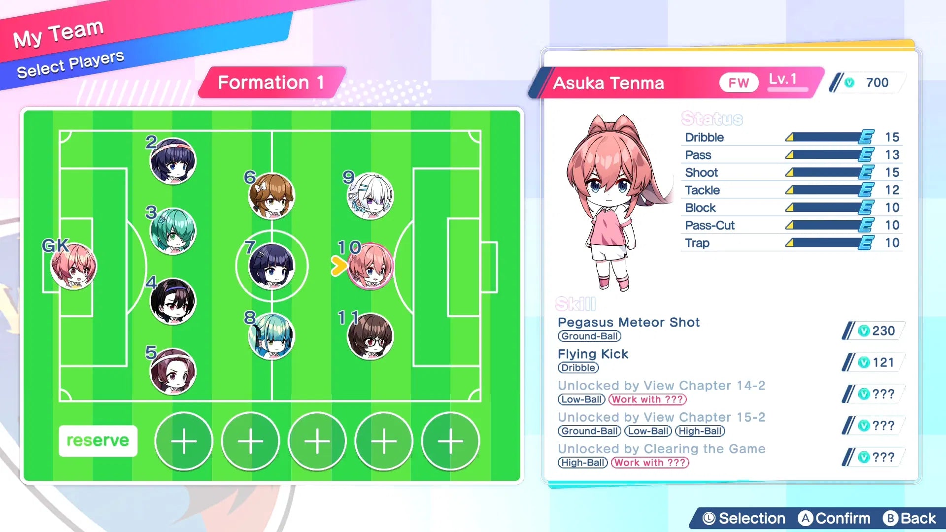 Soccer team formation screen with character details in a video game interface