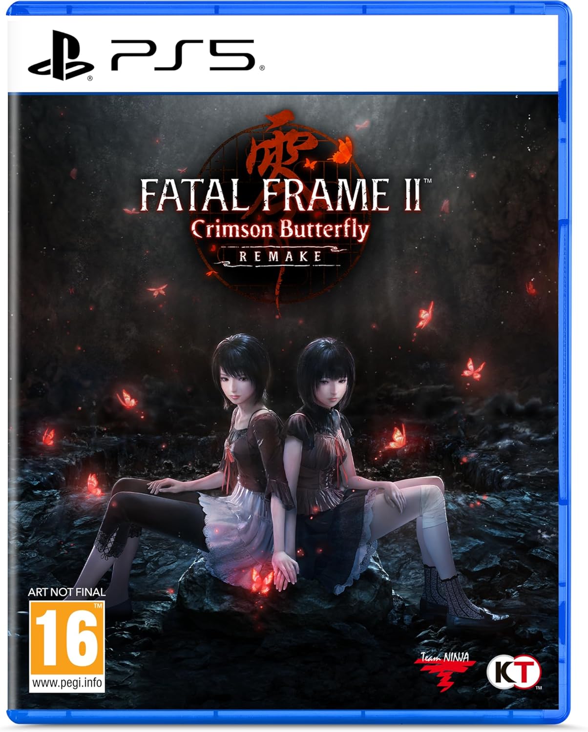 Game cover for 'Fatal Frame II: Crimson Butterfly Remake' on PS5 with two characters sitting on a rock.