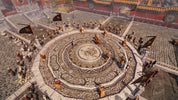 Historical reenactment or game scene with people around a central stone platform.
