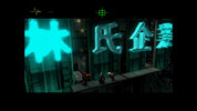 Video game screen with glowing text and characters in a dark, industrial setting