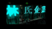 Video game screen with glowing text and characters in a dark, industrial setting