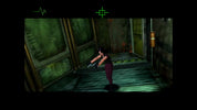 Character holding a gun in a dimly lit room with greenish hue