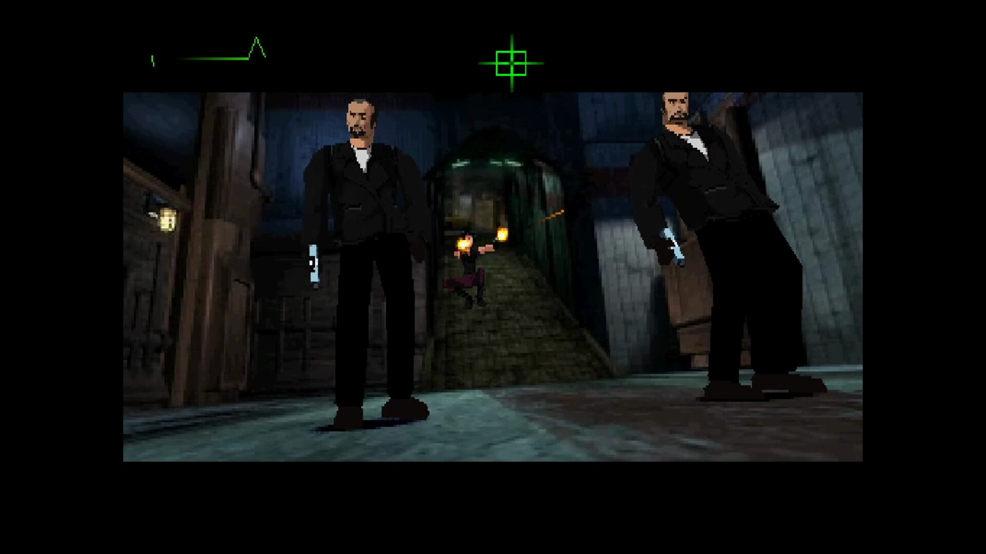 Two characters in a dark, atmospheric setting with a third character in the background.