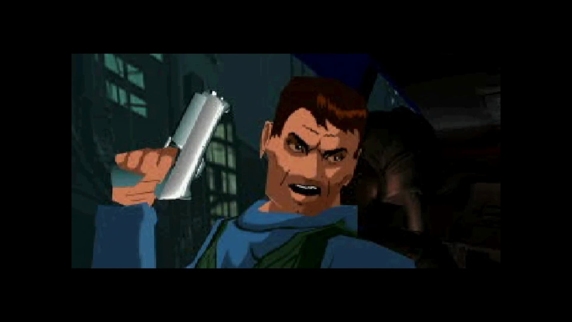Animated character holding a gun in an urban setting