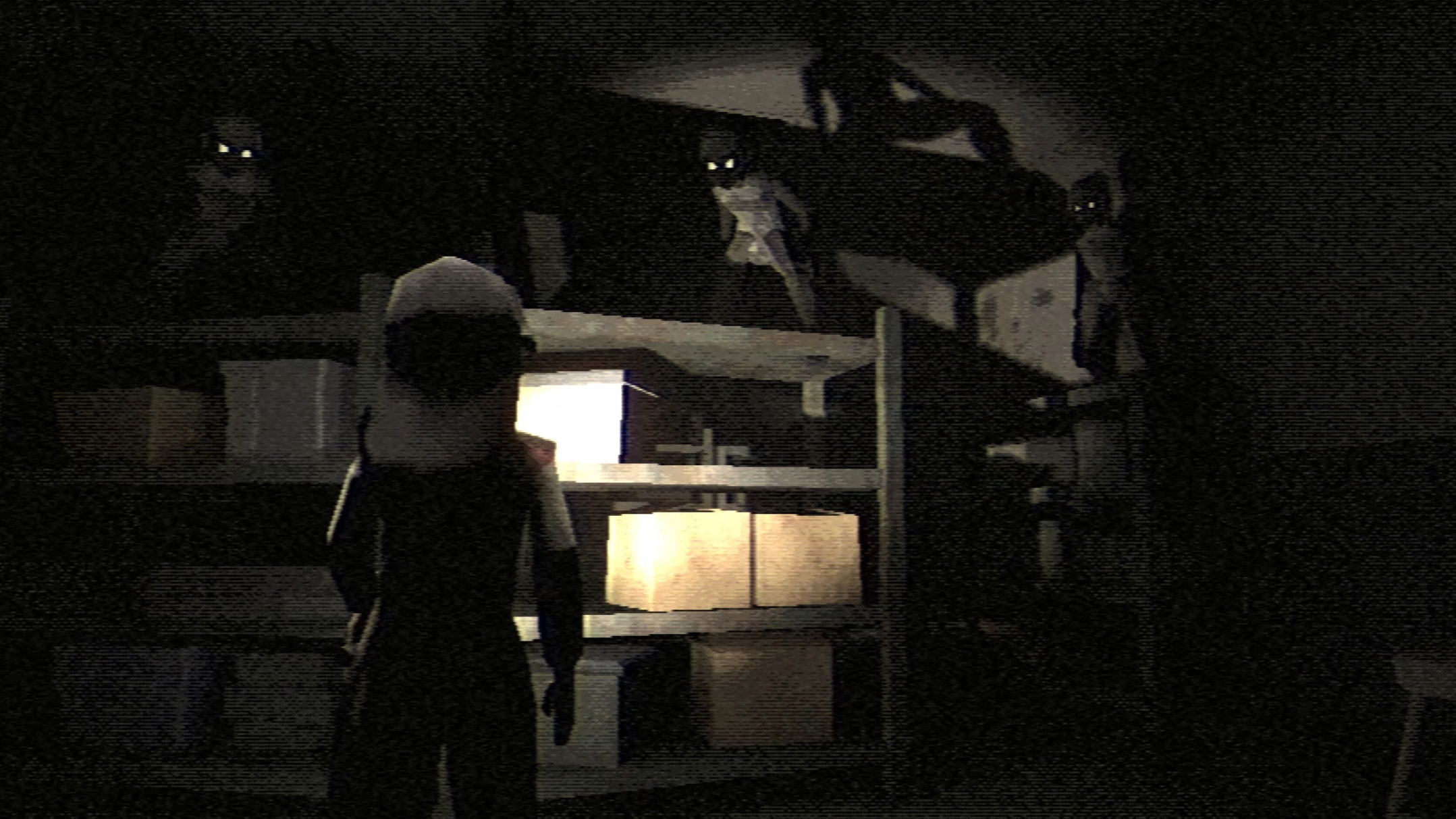 Dark room with a person wearing a mask and holding a flashlight, looking into a cabinet.