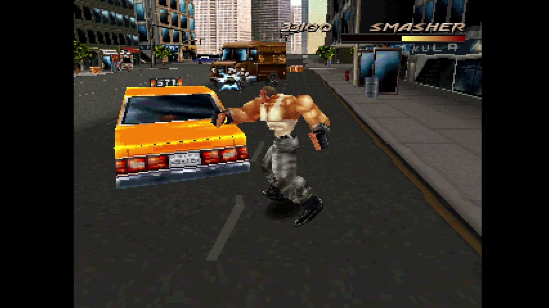 Character from a video game standing next to a taxi in an urban setting